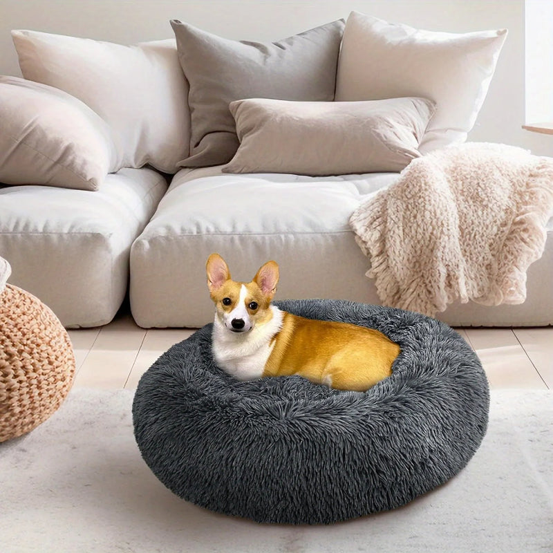 Large-60cm cream PawfectFriend Dog Pet Cat Calming Bed Plush Beds Large Fluffy Donut Comfy Cushion Puppy Mat