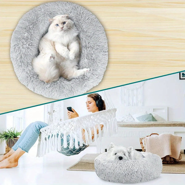 XXL-80cm light-grey PawfectFriend Dog Pet Cat Calming Bed Plush Beds Large Fluffy Donut Comfy Cushion Puppy Mat