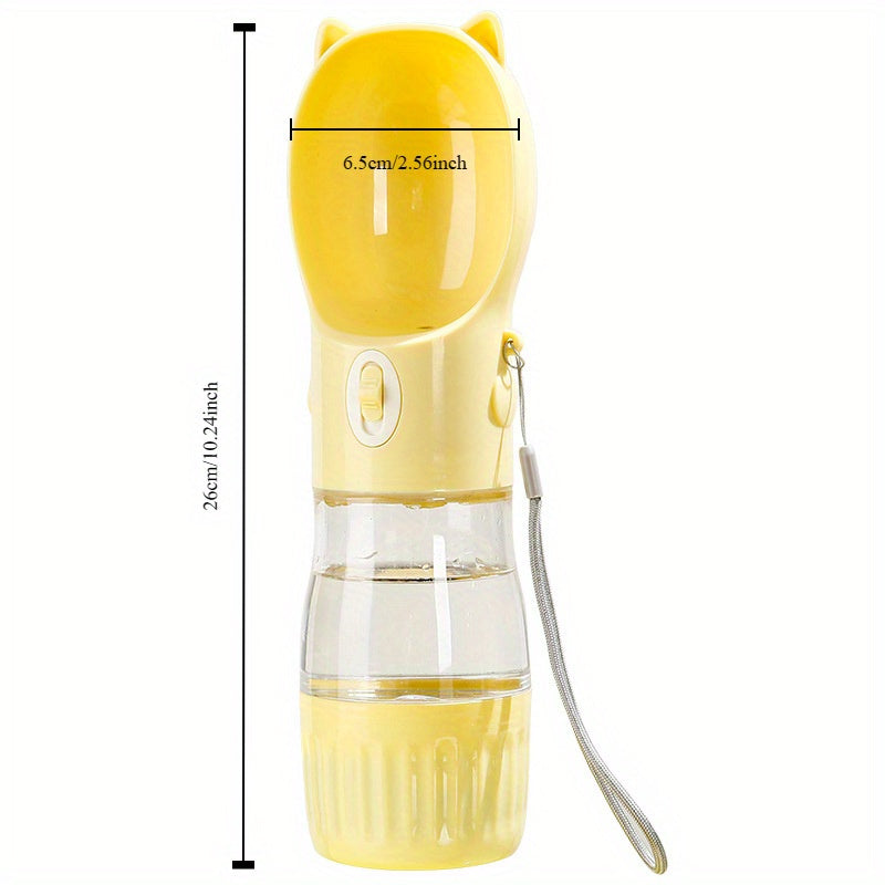 Yellow Portable Dog Water Bottle with Built-in Bowl Dispenser - 250ml Water,180ml Food Capacity, Leak-proof for Travel and Walks