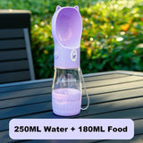 Purple Portable Dog Water Bottle with Built-in Bowl Dispenser - 250ml Water,180ml Food Capacity,Leak-proof for Travel and Walks