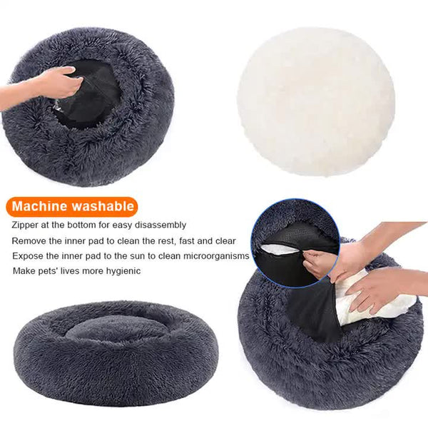 Calming Donut Pet Bed -Soft Faux Fur, Anti-Anxiety Fluffy Round Bed for Cats and Small Dogs (Light Brown)40cm