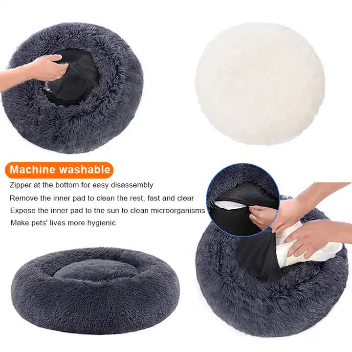 Calming Donut Pet Bed -Soft Faux Fur, Anti-Anxiety Fluffy Round Bed for Cats and Small Dogs (Light Brown)50cm