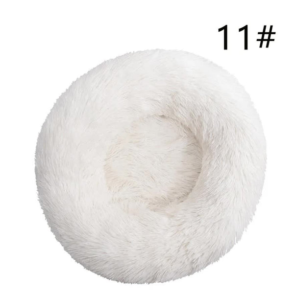 Calming Donut Pet Bed -Soft Faux Fur, Anti-Anxiety Fluffy Round Bed for Cats and Small Dogs (White)40cm