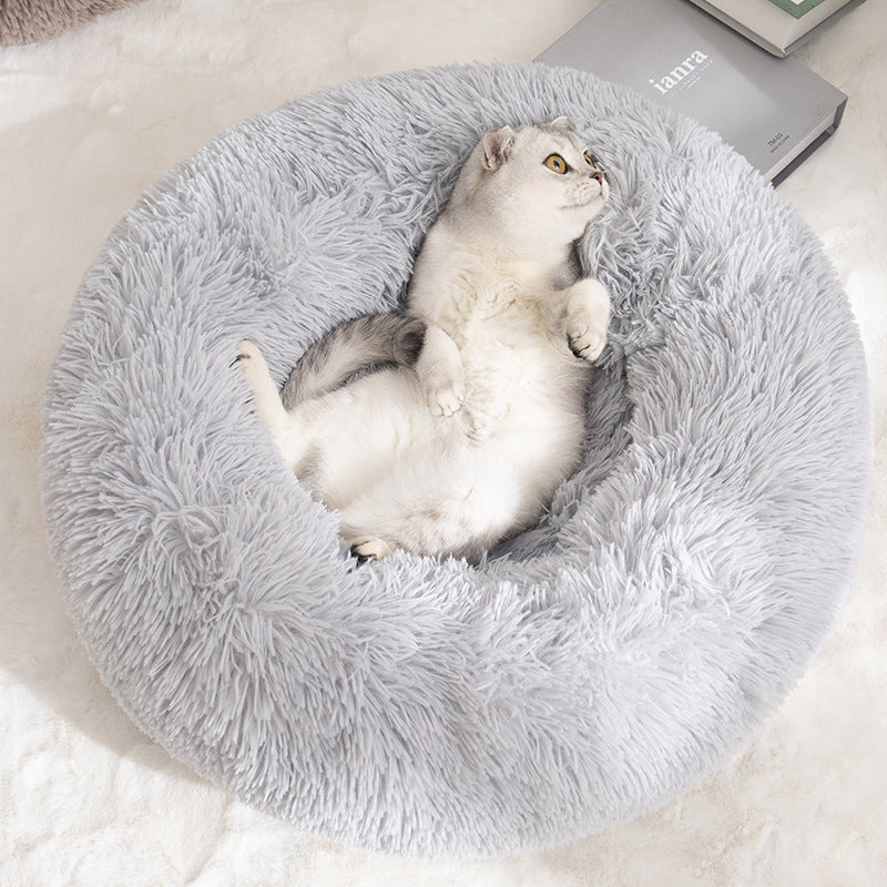 Calming Donut Pet Bed -Soft Faux Fur, Anti-Anxiety Fluffy Round Bed for Cats and Small Dogs (Purple)40cm