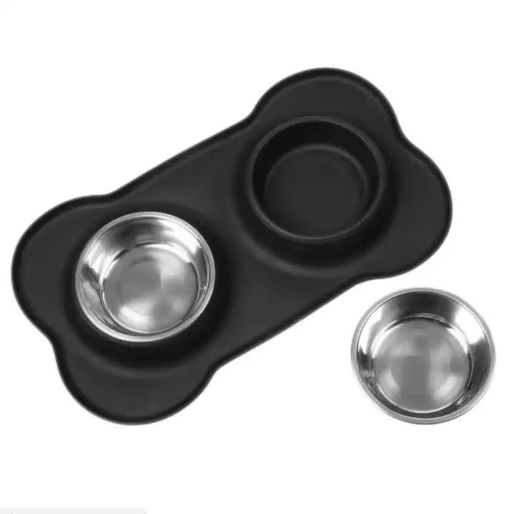 Non-Slip Stainless Steel Double Pet Bowl Set with Spill-Resistant Silicone Mat 45*27cm Black