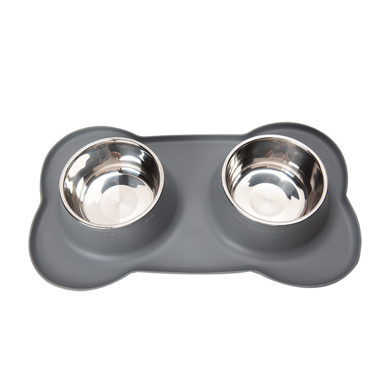 Non-Slip Stainless Steel Double Pet Bowl Set with Spill-Resistant Silicone Mat 45*27cm Grey