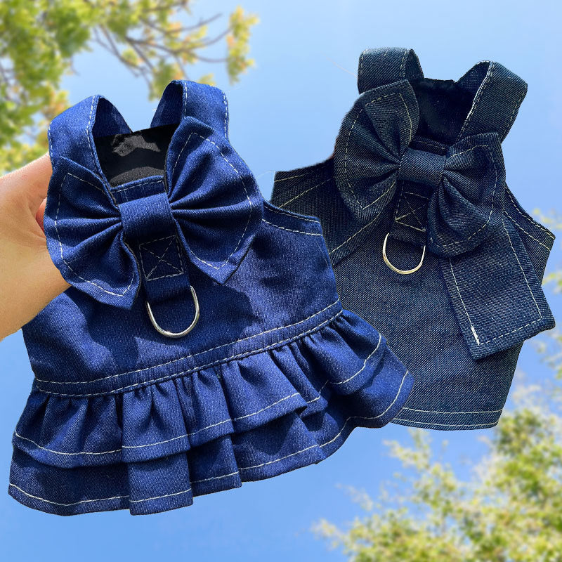 Pet Denim Harness Dress Set (2 Pieces) – 3XL Size (70cm Chest for 20-36 lb Pets) with T-Shirt and Skirt, Bow, and Leash Ring