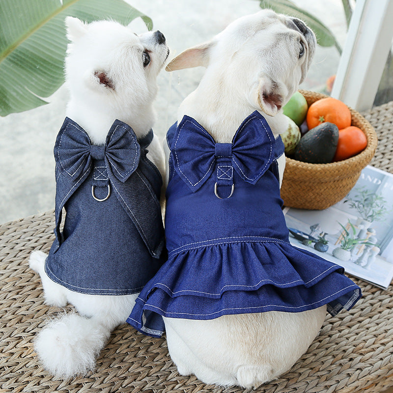 Pet Denim Harness Dress Set (2 Pieces) – 3XL Size (70cm Chest for 20-36 lb Pets) with T-Shirt and Skirt, Bow, and Leash Ring