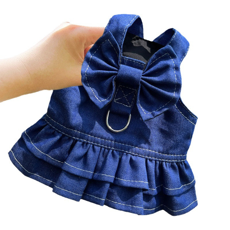 Pet Denim Harness Dress Set (2 Pieces) - M Size (42cm Chest for 5-8 lb Pets) with T-Shirt and Skirt, Bow,and Leash Ring