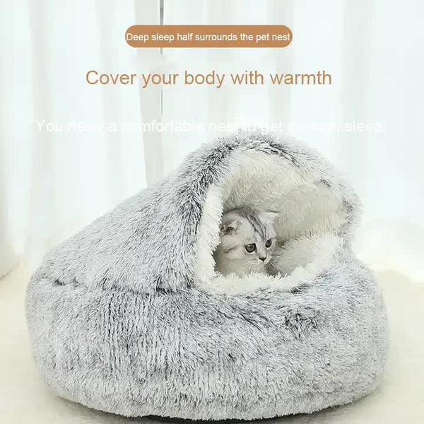 Cozy Gray Plush Hooded Pet Bed - Ultra Soft Long Fur Cave Bed for Small Pets 40cm