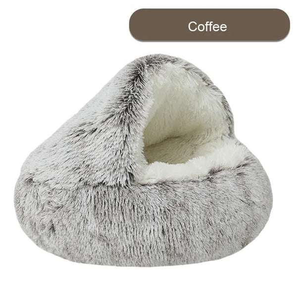 Cozy Coffee Plush Hooded Pet Bed - Ultra Soft Long Fur Cave Bed for Small Pets 50cm