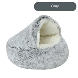 Cozy Gray Plush Hooded Pet Bed - Ultra Soft Long Fur Cave Bed for Small Pets 50cm