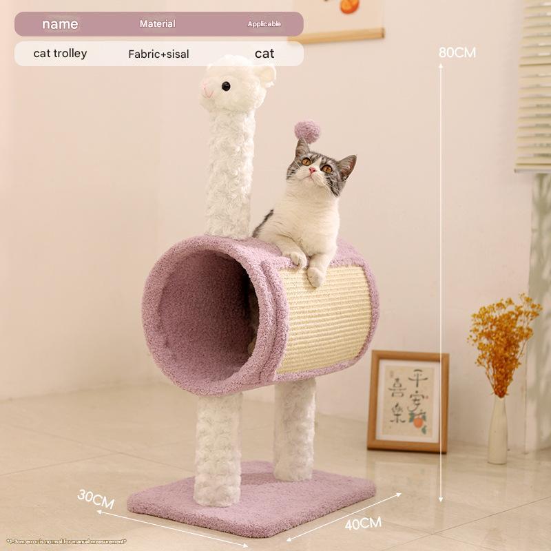 Purple Llama-Themed Cat Tree with Tunnel – Multi-Functional Cat Scratching Post and Playhouse