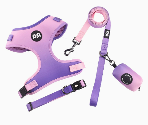 M Purple-pink Adjustable Soft Pet Harness with Leash & Poop Bag Dispenser