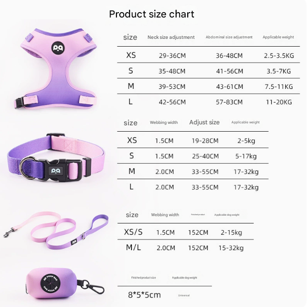 M Purple-pink Adjustable Soft Pet Harness with Leash & Poop Bag Dispenser