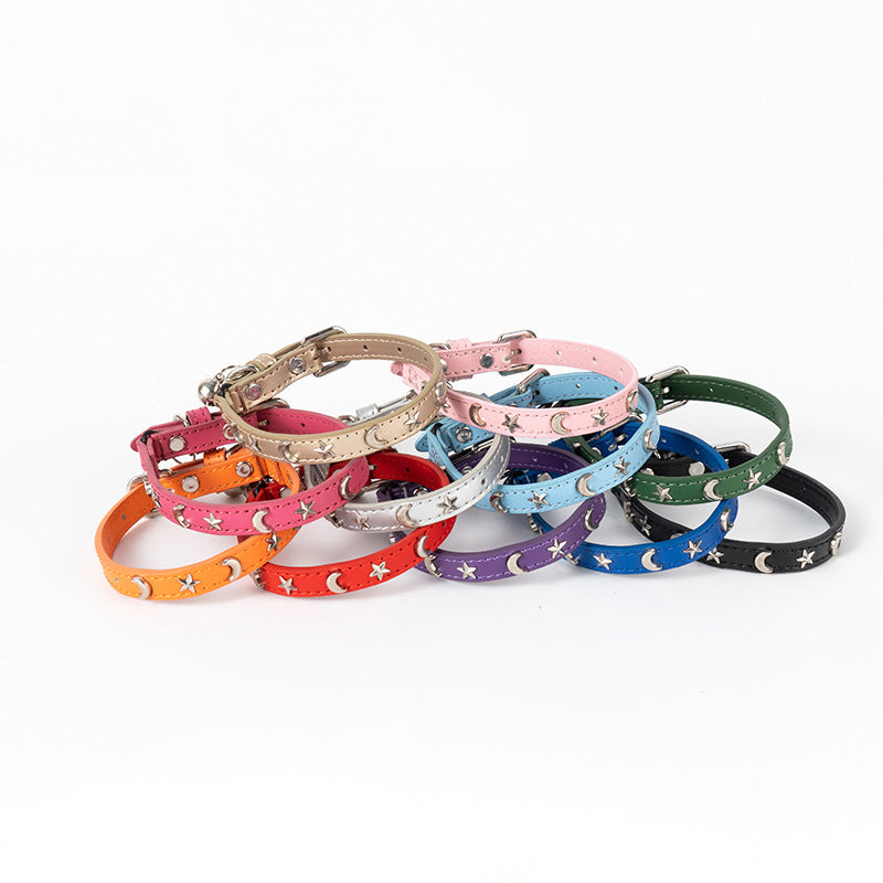 3 pcs Orange Stylish PU Leather Pet Collar - Anti-Loss, Puppy Bell, Star & Moon Design Width 1.2cm Total Length 35cm