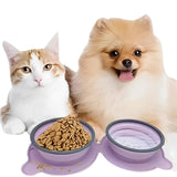 Blue Portable Collapsible Pet Bowl Set - Food-Grade Silicone Double Bowl for Dogs & Cats, Anti-Slip & Easy to Clean
