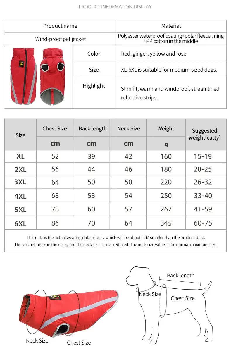 Size 4XL Red Reflective Winter Dog Jacket - Warm & Waterproof Outdoor Coat for Large Breeds