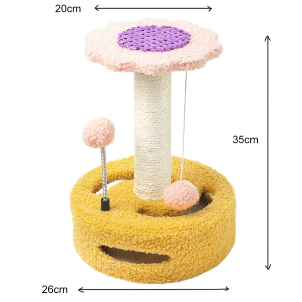 Yellow And Pink Sunflower Cat Scratching Post - 35cm Sisal Cat Tree with Plush Toys for Small Cats