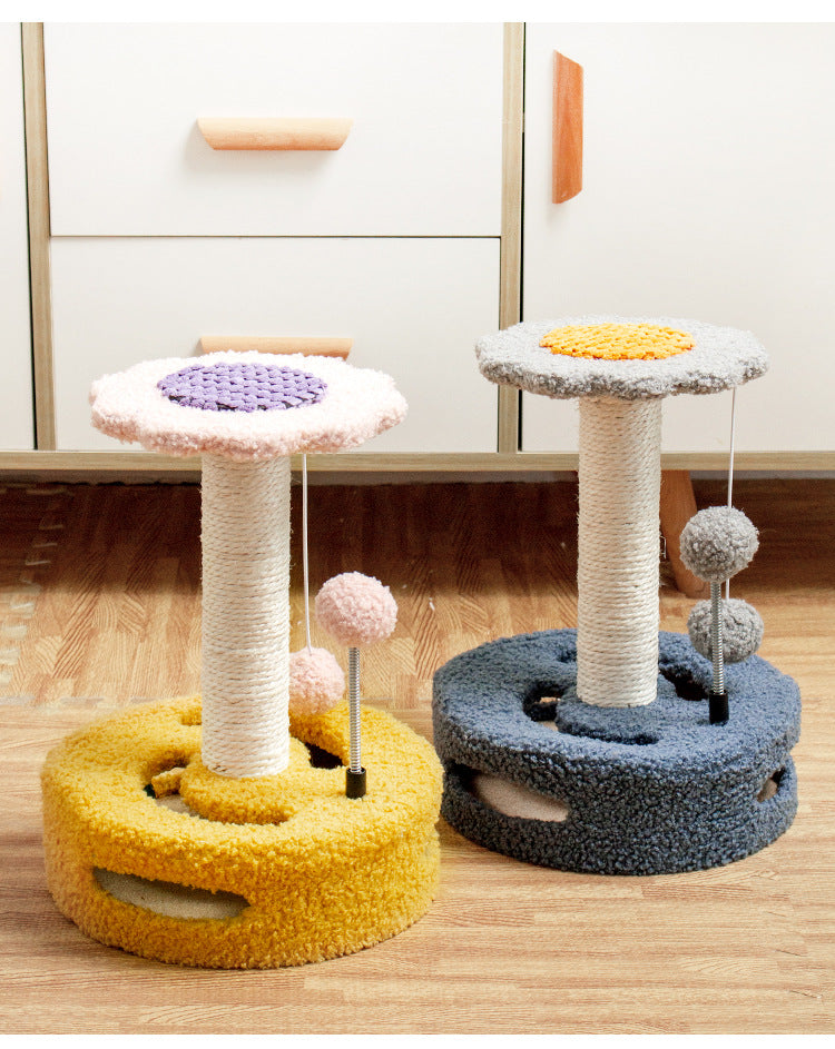 Yellow And Pink Sunflower Cat Scratching Post - 35cm Sisal Cat Tree with Plush Toys for Small Cats