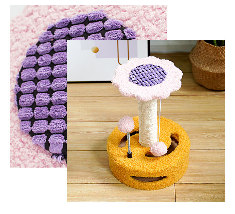 Yellow And Pink Sunflower Cat Scratching Post - 35cm Sisal Cat Tree with Plush Toys for Small Cats