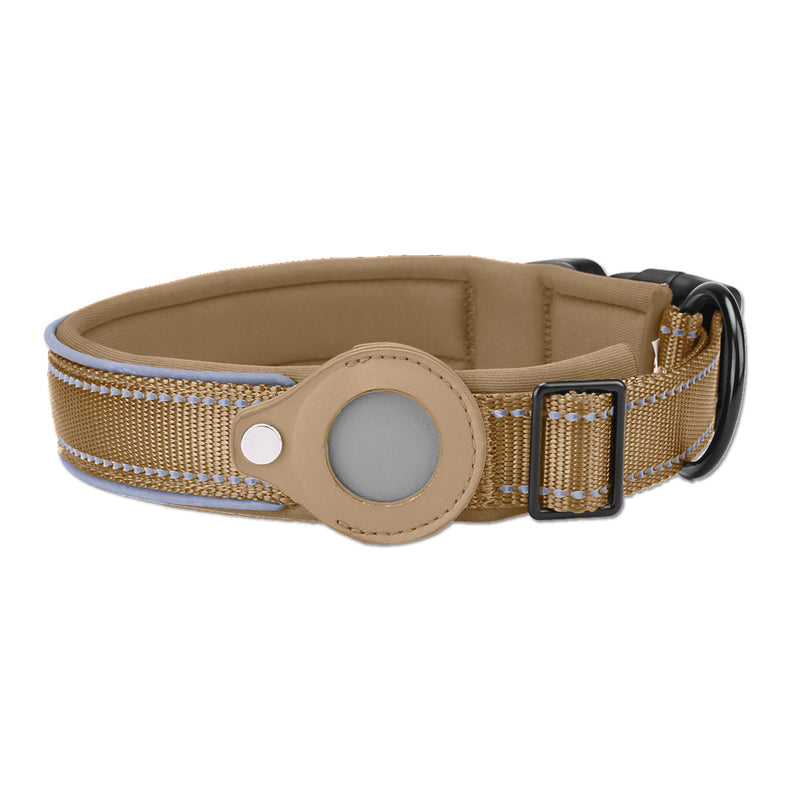 XL Khaki Secure Nylon Dog Collar with Built-in Apple AirTag (not included) Holder Case - Pet Tracker Accessory