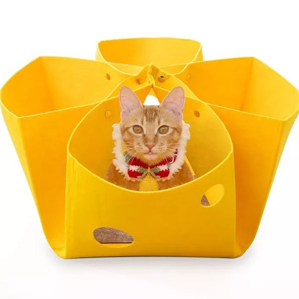 Yellow Large Transformable Felt Cat Tunnel Bed - Cozy Foldable Pet Play House & Cave (104cm x 104cm)