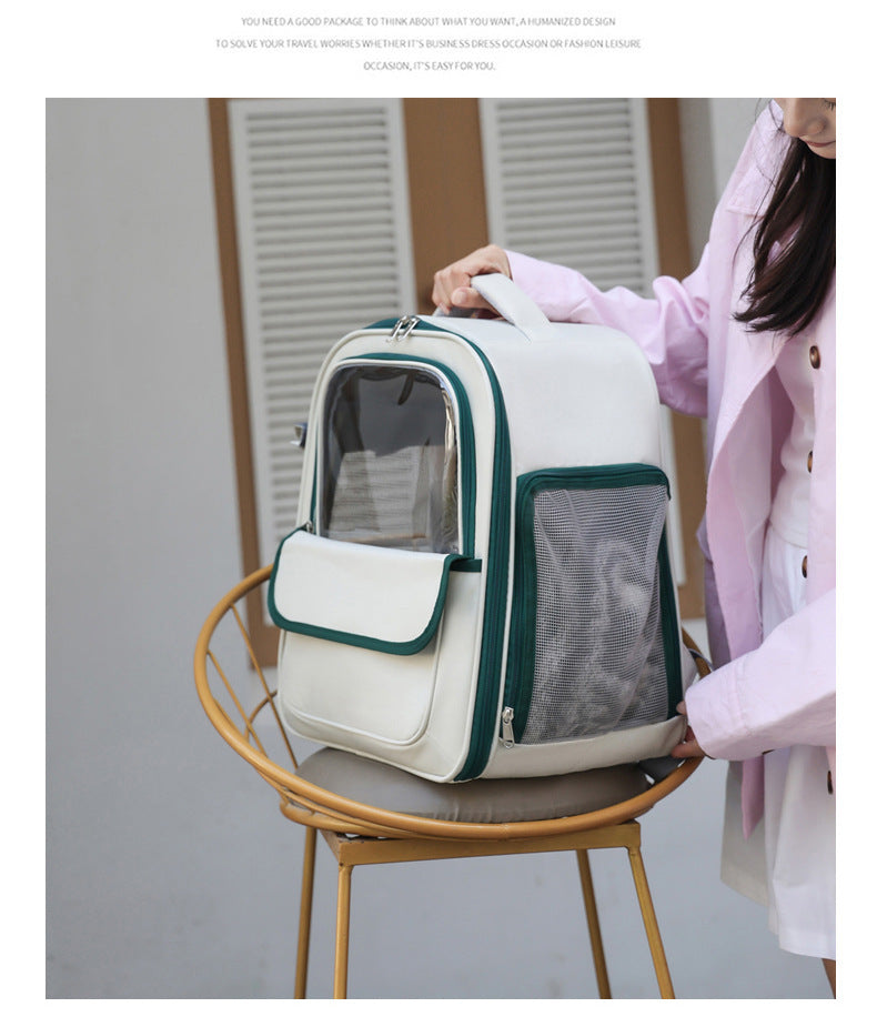 Beige And Black Spacious Pet Carrier Backpack with Clear Window - Comfortable Travel Bag for Cats & Small Dogs