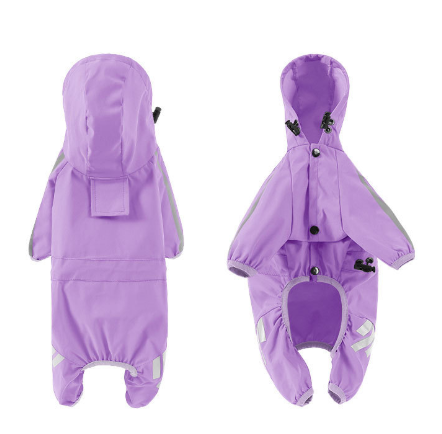 S Purple And Gray Trim Waterproof Four-Legged Dog Raincoat with Leash Hole for Small Breeds